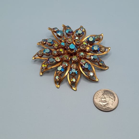 Vintage Aurora Borealis Flower Brooch: 1950s Blue Crystal  Vintage Blue Aurora Borealis Flower Brooch, 3D Gold Tone Petals, 2 1/4\